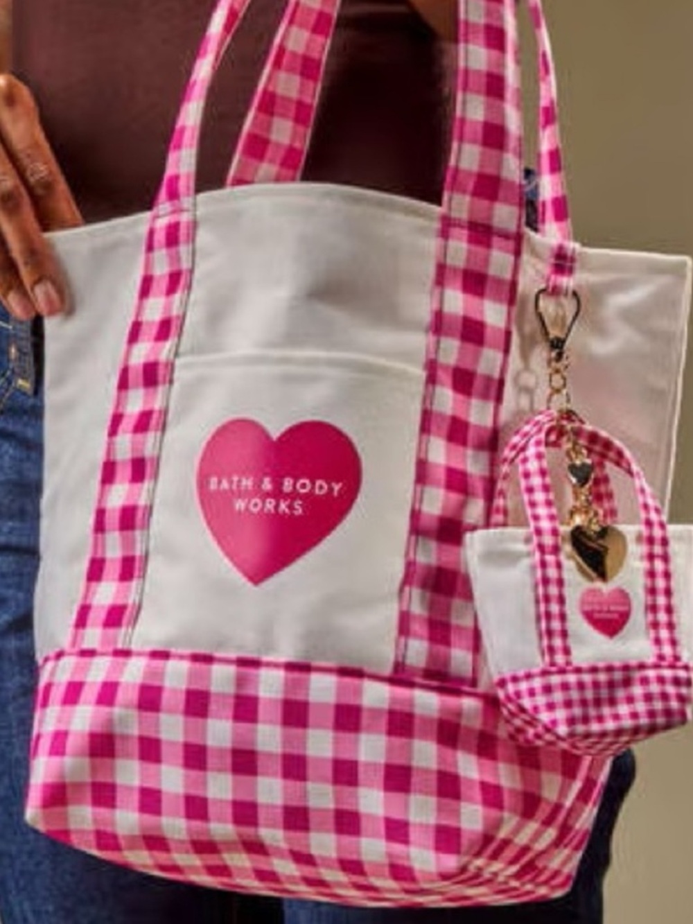 NWT(packaged) B&BW Pink Gingham Canvas Tote Bag & Mini Tote Charm💕 SOLD OUT 2026